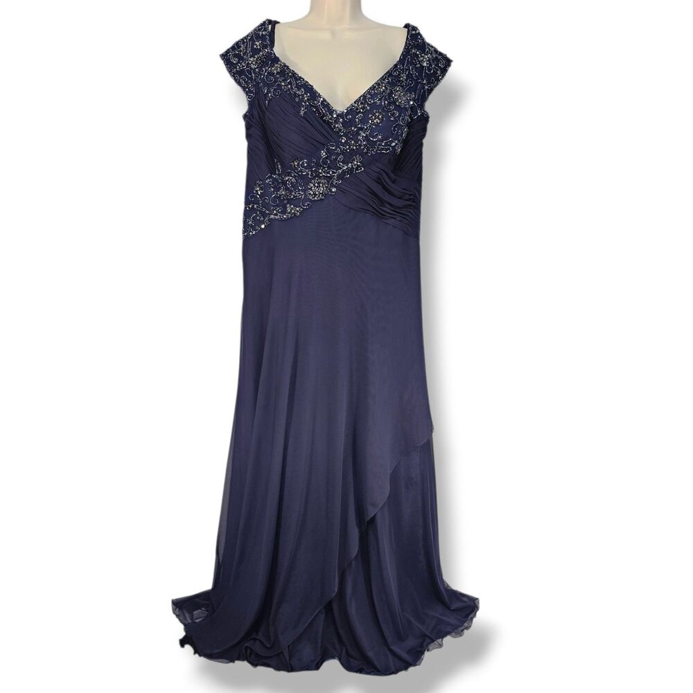 Montage by Mon Cheri Beaded V-Neck Evening Gown Wedding Guest Navy Blue Size 18